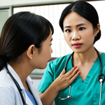 **Image Prompt:** A Vietnamese medical administrative worker actively listening to a patient, showing empathy and understanding. The background is a modern hospital reception area. The worker should be using appropriate body language and maintaining eye contact.