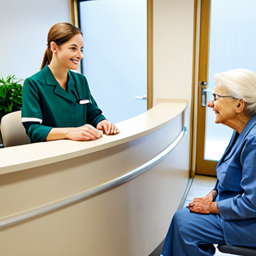 Home 6 A professional female healthcare administrative specialist in a modest business uniform, fully clothed, assisting an elderly patient at a modern hospital reception desk. She has a warm, welcoming expression, demonstrating empathy and clear communication. The elderly patient is also fully clothed in appropriate attire. The background is a clean, brightly lit, and organized clinic waiting area with subtle digital screens and green plants. Perfect anatomy, correct proportions, natural pose, well-formed hands, proper finger count, natural body proportions, professional photography, high quality, safe for work, appropriate content, modest, family-friendly.
