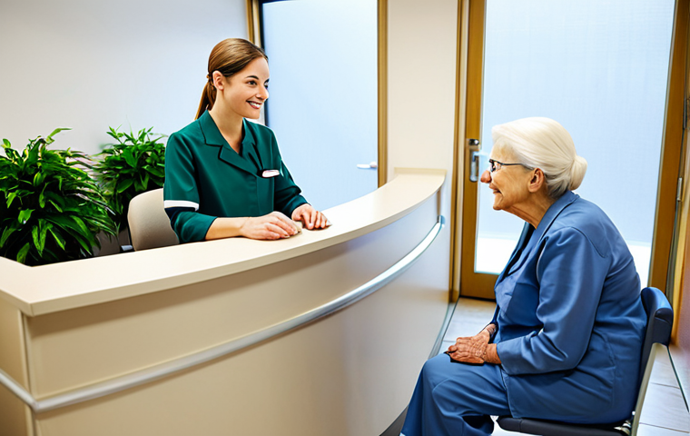 A professional female healthcare administrative specialist in a modest business uniform, fully clothed, assisting an elderly patient at a modern hospital reception desk. She has a warm, welcoming expression, demonstrating empathy and clear communication. The elderly patient is also fully clothed in appropriate attire. The background is a clean, brightly lit, and organized clinic waiting area with subtle digital screens and green plants. Perfect anatomy, correct proportions, natural pose, well-formed hands, proper finger count, natural body proportions, professional photography, high quality, safe for work, appropriate content, modest, family-friendly.