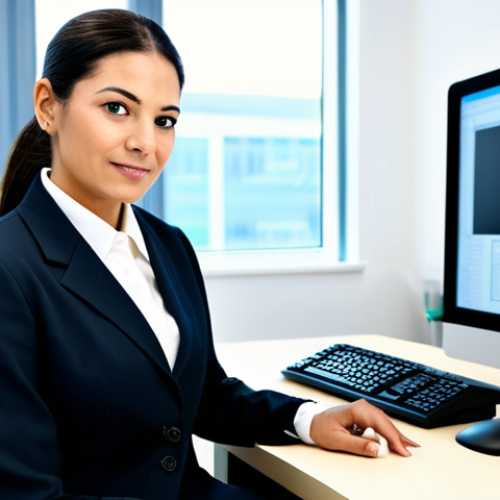 Home 22 A professional female healthcare administrative specialist in her early 30s, wearing a modest, dark business suit and a light blouse. She is seated at a clean, modern desk in a brightly lit hospital administrative office, focused on a computer screen displaying a healthcare information system (HIS) interface. A neat stack of files and a pen holder are on the desk. The background shows a subtle blur of a contemporary office environment with other workstations. The overall impression is one of efficiency and technological proficiency. High-resolution, professional photography, soft studio lighting, safe for work, appropriate content, fully clothed, professional, modest, family-friendly, perfect anatomy, correct proportions, natural pose, well-formed hands, proper finger count, natural body proportions.