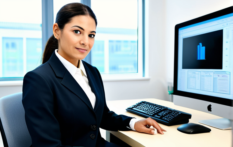 A professional female healthcare administrative specialist in her early 30s, wearing a modest, dark business suit and a light blouse. She is seated at a clean, modern desk in a brightly lit hospital administrative office, focused on a computer screen displaying a healthcare information system (HIS) interface. A neat stack of files and a pen holder are on the desk. The background shows a subtle blur of a contemporary office environment with other workstations. The overall impression is one of efficiency and technological proficiency. High-resolution, professional photography, soft studio lighting, safe for work, appropriate content, fully clothed, professional, modest, family-friendly, perfect anatomy, correct proportions, natural pose, well-formed hands, proper finger count, natural body proportions.