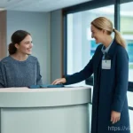 보건의료행정사와 병원 운영 프로세스 - **Arrival & Check-in:** A young woman, dressed in comfortable, modest casual clothing, smiles as she...