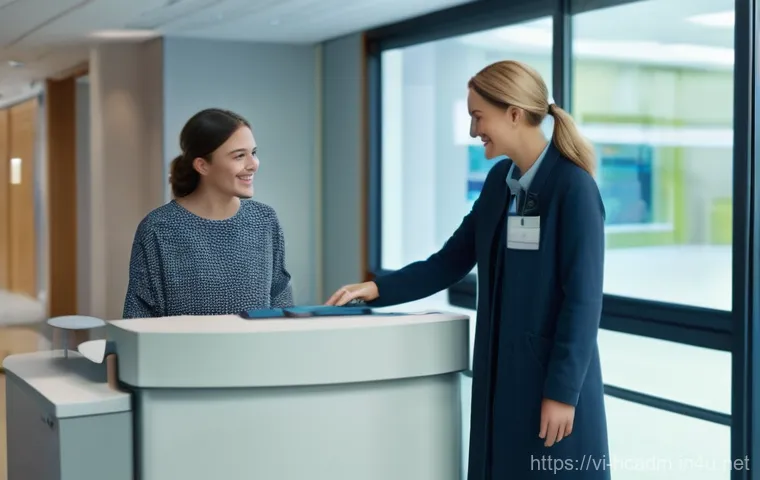 보건의료행정사와 병원 운영 프로세스 - **Arrival & Check-in:** A young woman, dressed in comfortable, modest casual clothing, smiles as she...