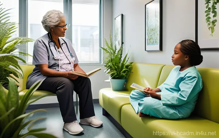 보건의료행정사와 병원 운영 프로세스 - **Consultation:** In a clean, well-appointed examination room, a kind-faced female doctor in a white...