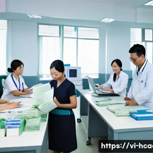 보건의료행정사 취업 후기 인터뷰 - A busy medical administration office in a Vietnamese hospital, showing a diverse team of healthcare ...