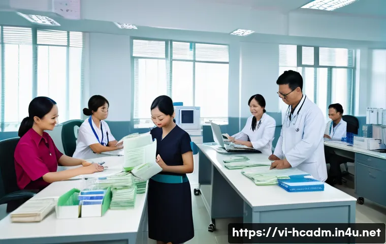 보건의료행정사 취업 후기 인터뷰 - A busy medical administration office in a Vietnamese hospital, showing a diverse team of healthcare ...