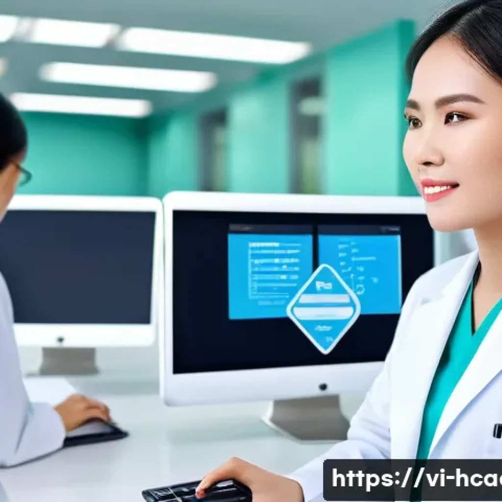 보건의료행정사와 업무 자동화 툴 - A modern Vietnamese hospital office scene showing healthcare professionals using advanced automated ...