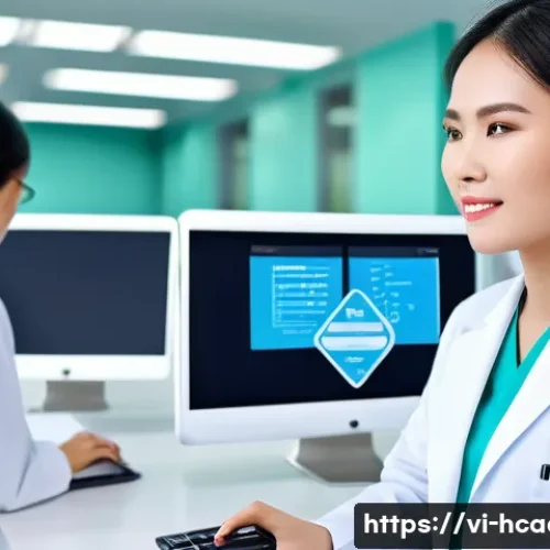보건의료행정사와 업무 자동화 툴 - A modern Vietnamese hospital office scene showing healthcare professionals using advanced automated ...