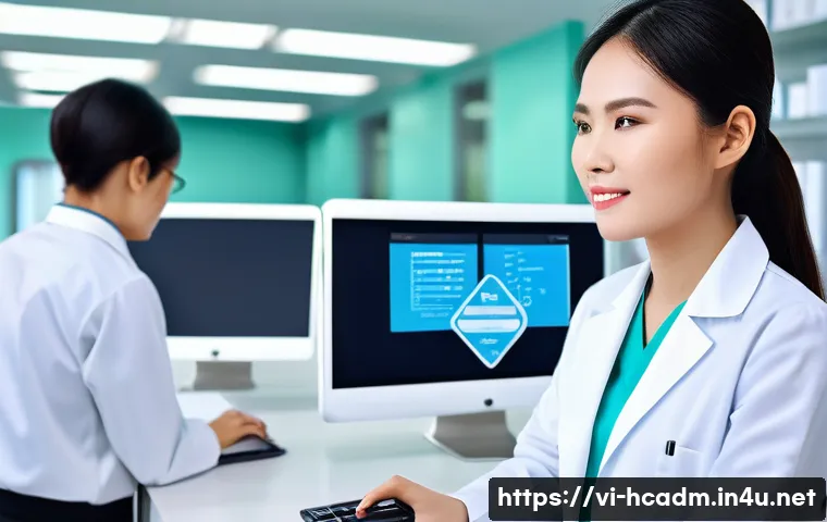 보건의료행정사와 업무 자동화 툴 - A modern Vietnamese hospital office scene showing healthcare professionals using advanced automated ...