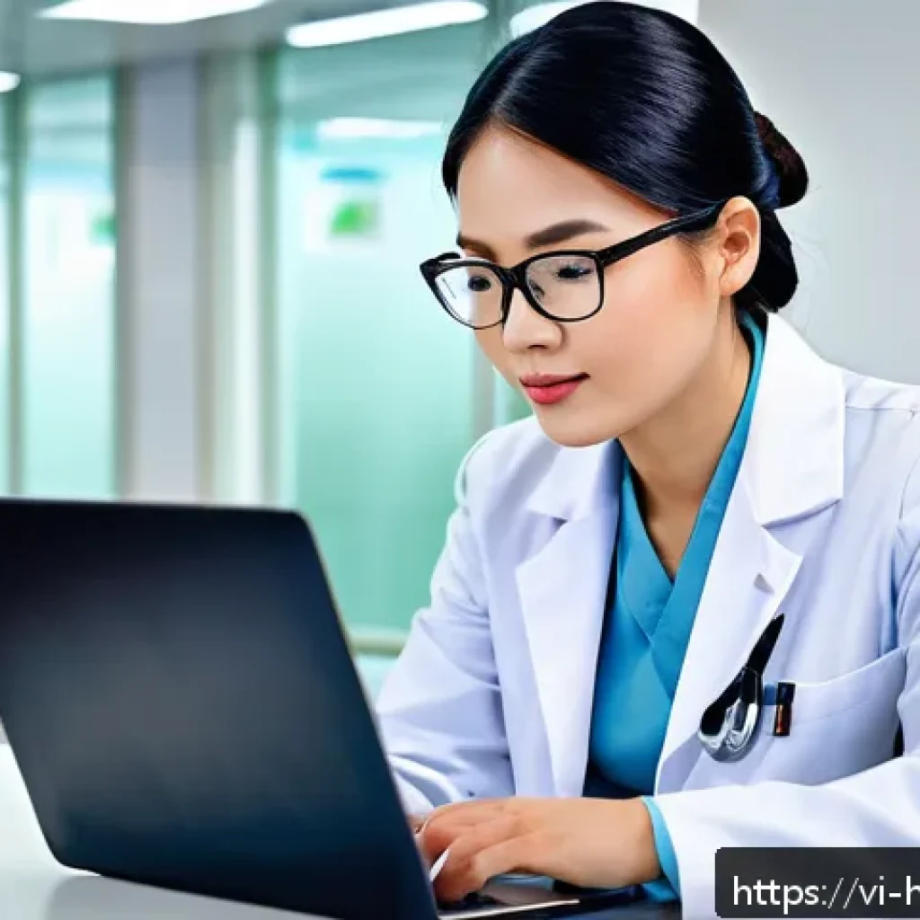 보건의료행정사 국제 자격증 연계 활용 - A professional healthcare administrator in a modern Vietnamese hospital office, dressed in smart bus...